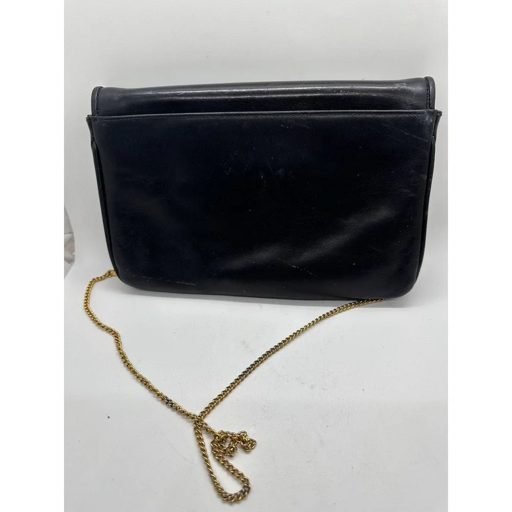 Vintage Emanuel‎ Ungaro Black Leather Chain Shoulder Bag Gold Logo Italy
